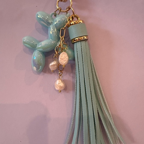 Aqua Balloon Dog Tassel Keychain with Faux Pearls & Gold Hardware –One of A Kind - Picture 8 of 9